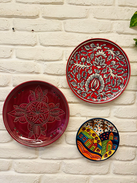  Artisan Crafted Wall Plates, Artisanal Home Accessories, Bedroom Wall Décor, Cherry Blossom Wall Art, Classical Wall Accents, Decorative Wall Hanging, Designer Wall Decor Ensemble, Hand Painted Cherry Wall Plates, Handcrafted Cherry Wall Plates, Indian Art Inspired Wall Art, Indian Artisan Wall Art, Living Room Wall Decoration, Unique Wall Accent Pieces, Vibrant Home Décor, tesu
