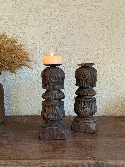 Vintage Carved Wooden Candle Holder - Urn Design with Metal Dish