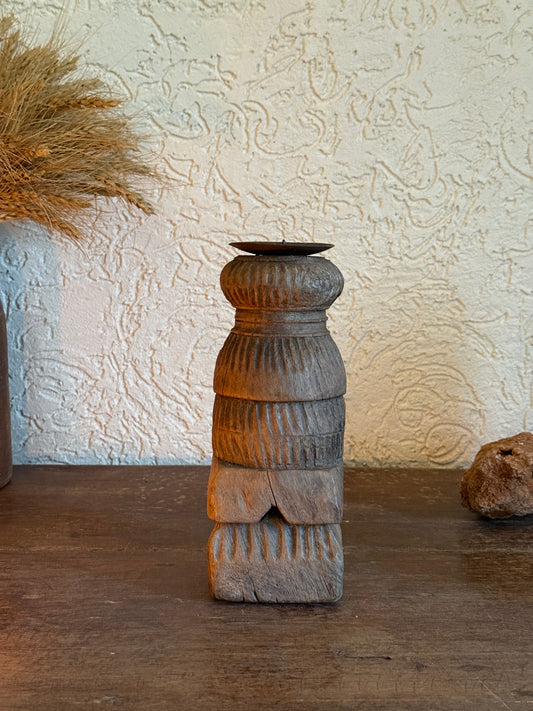 Vintage Carved Wooden Pillar Candle Holder - Rustic Indian Decor