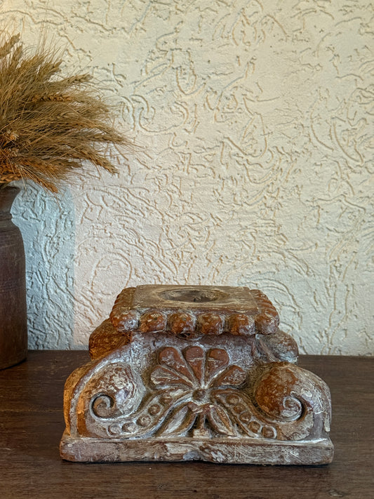 Vintage Carved Stone Candle Holder - Antique White Finish