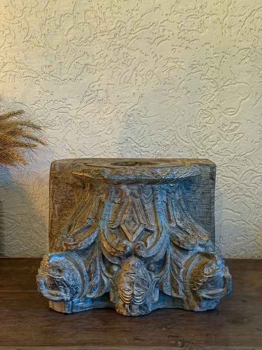 Royal Carved Pillar Candle Holder - Antique White with Turquoise Inlay
