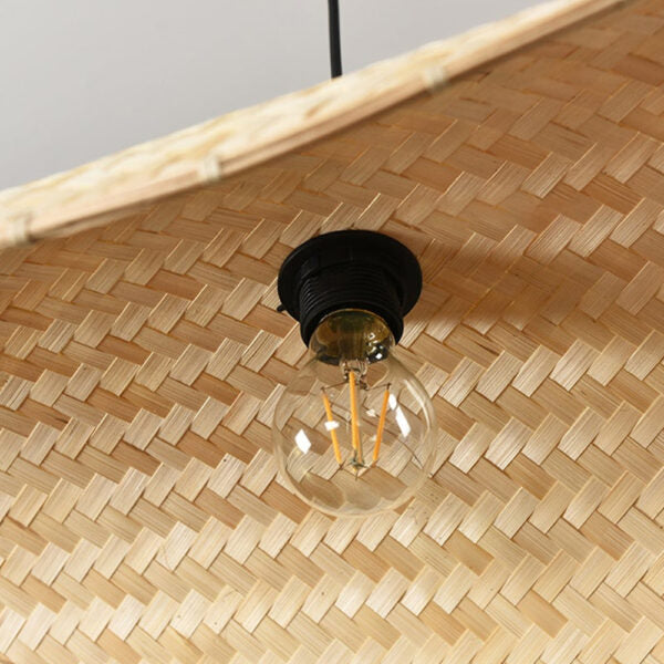 Bamboo hanging lampshade Handcrafted decor Rustic charm Indoor/outdoor lighting Eco-friendly design Easy installation Versatile placement Living room decor Balcony lighting Patio ambiance Roofed terrace illumination Natural materials Sustainable home decor Artisan craftsmanship Interior design trend