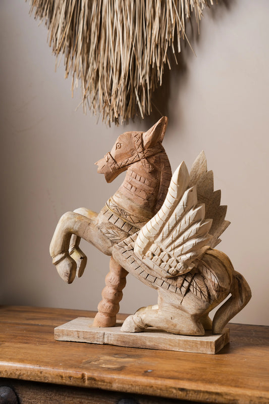 Vintage Handcarved Wooden Horse with Feathers