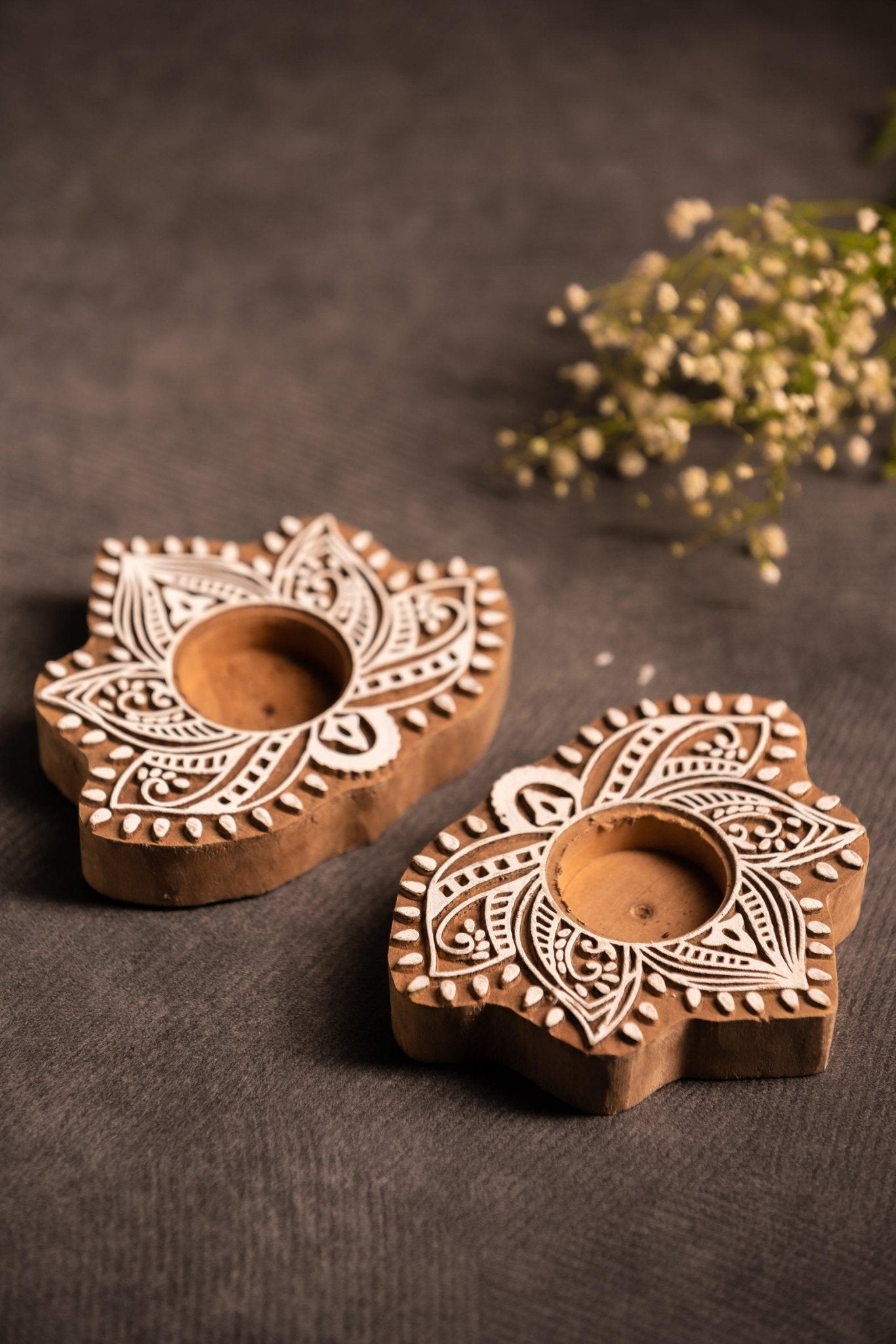 Block Print Lotus Shape Tealight Holder - Set of 2 - TesuCandles & Candle Holders