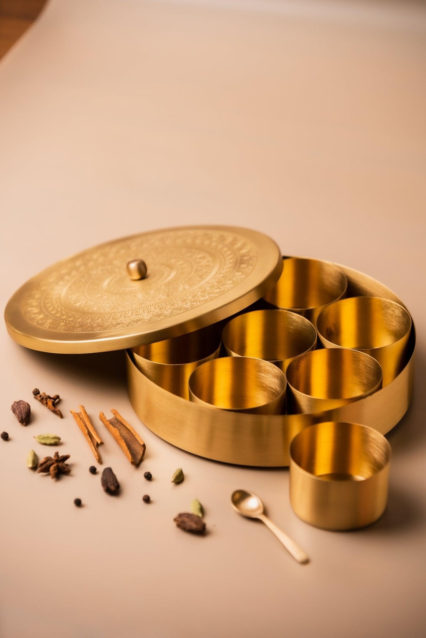 Brass Engraved Masala Box - TesuBrass Storage Box