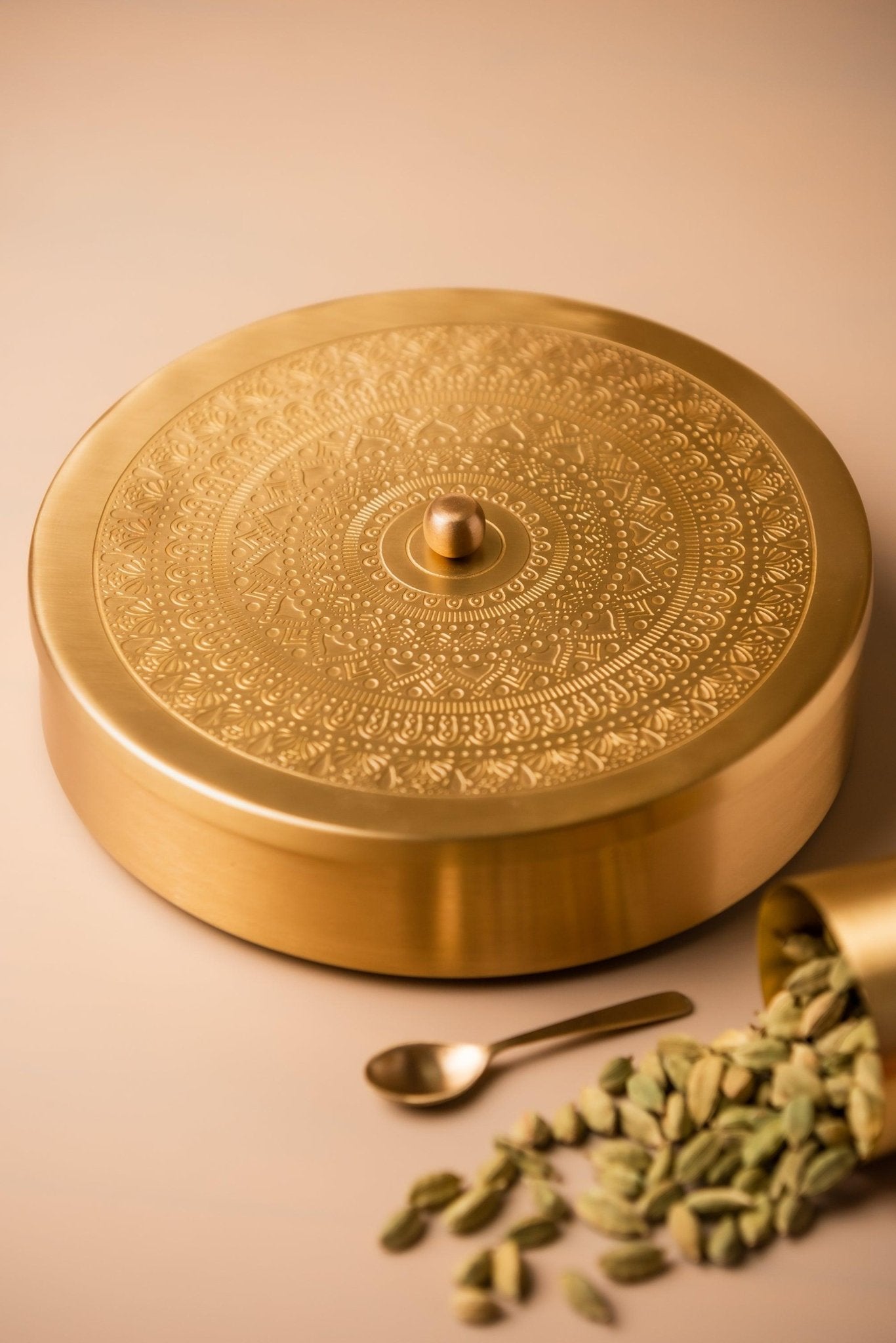 Brass Engraved Masala Box - TesuBrass Storage Box