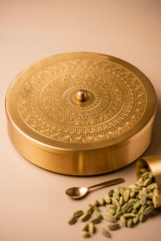 Brass Engraved Masala Box - TesuBrass Storage Box