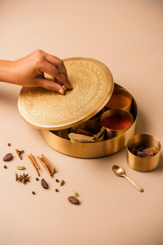 Brass Engraved Masala Box - TesuBrass Storage Box