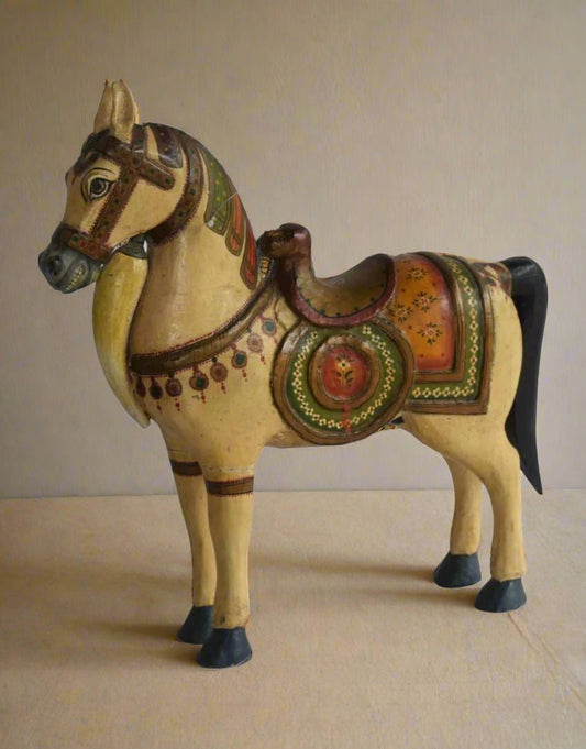 Hand Painted Mustard Yellow Wooden Horse - Vintage Decor Piece - TesuWooden Horse