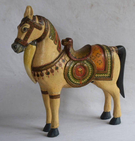 Hand Painted Mustard Yellow Wooden Horse - Vintage Decor Piece - TesuWooden Horse