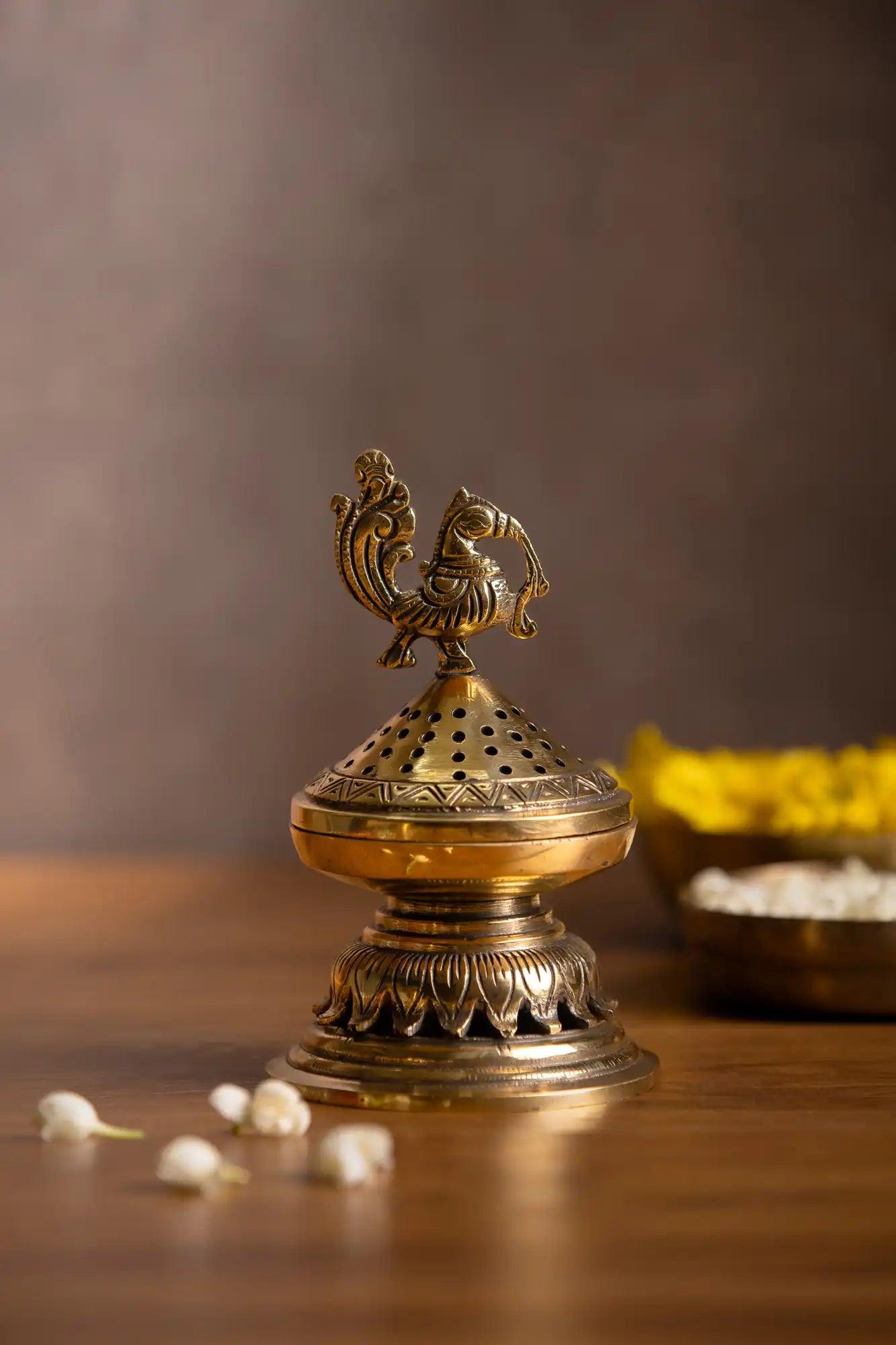 Handcrafted Dhoop Burner With Peacock Lid - TesuBrass Storage Box