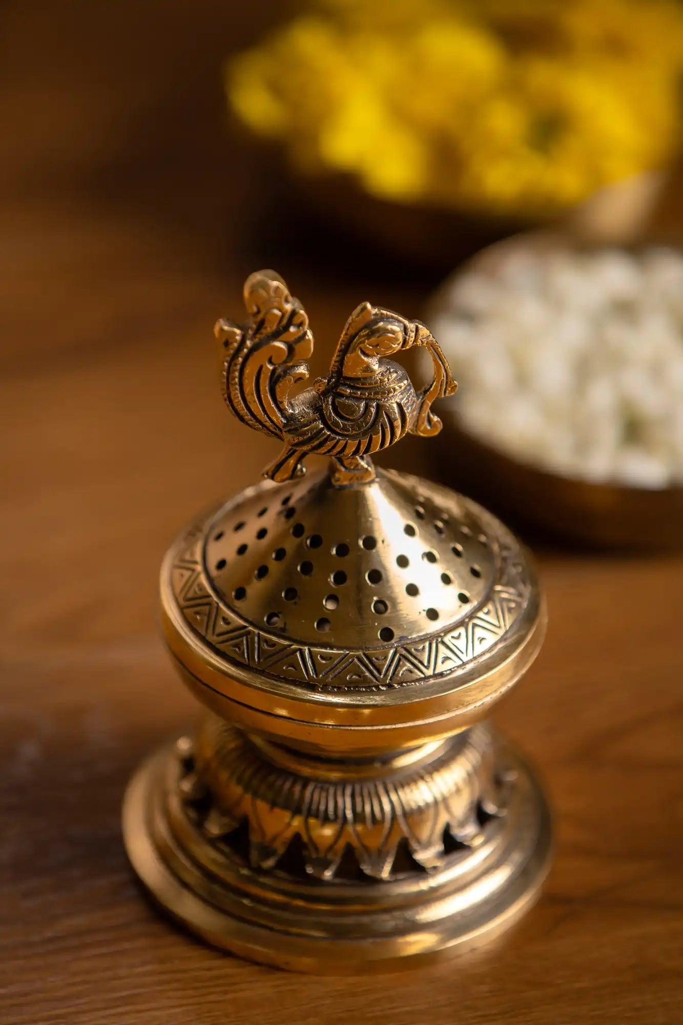 Handcrafted Dhoop Burner With Peacock Lid - TesuBrass Storage Box