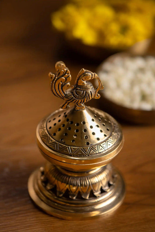 Handcrafted Dhoop Burner With Peacock Lid - TesuBrass Storage Box