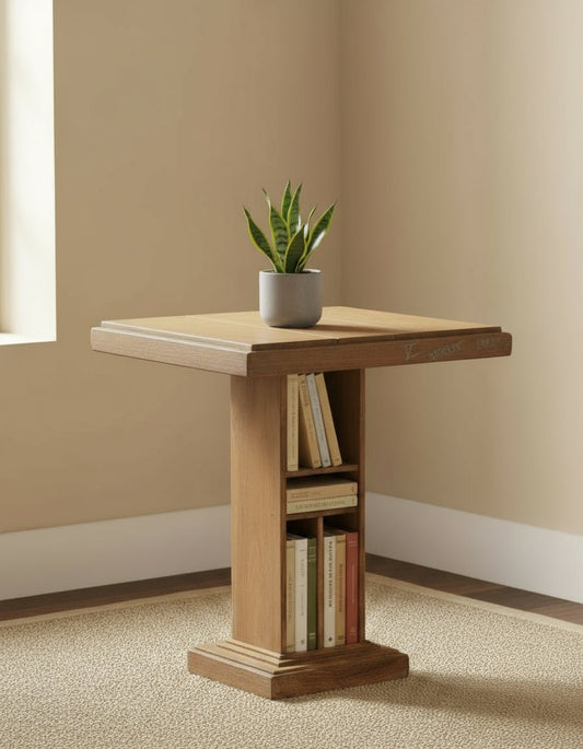 Wooden side table against a beige wall