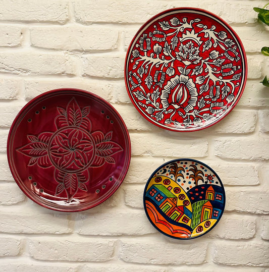  Artisan Crafted Wall Plates, Artisanal Home Accessories, Bedroom Wall Décor, Cherry Blossom Wall Art, Classical Wall Accents, Decorative Wall Hanging, Designer Wall Decor Ensemble, Hand Painted Cherry Wall Plates, Handcrafted Cherry Wall Plates, Indian Art Inspired Wall Art, Indian Artisan Wall Art, Living Room Wall Decoration, Unique Wall Accent Pieces, Vibrant Home Décor, tesu