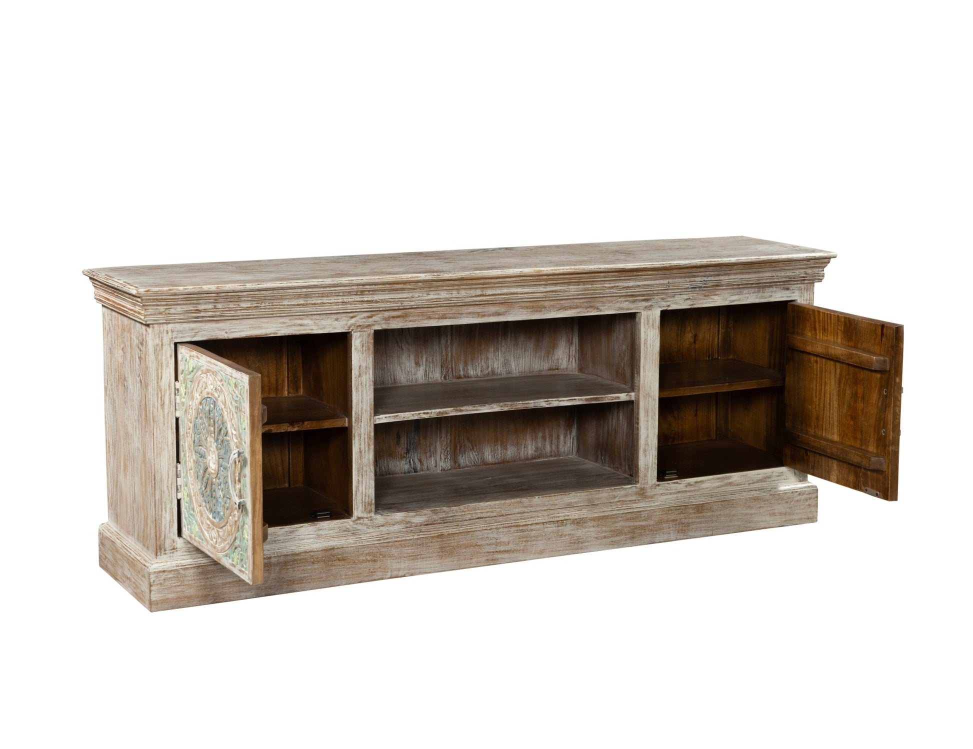 The distressed finish enhances its vintage charm, with subtle hues of turquoise, cream, and earthy browns adding depth and character.