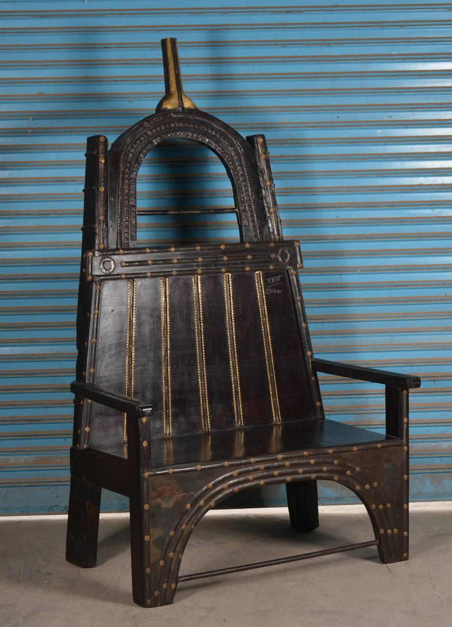 Royal Teak & Iron Throne Chair - Handcrafted Indian Vintage Seating - TesuWooden Chair