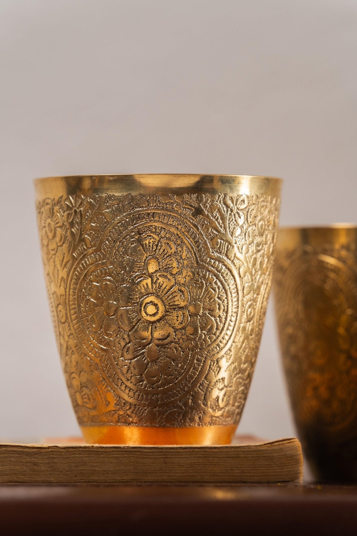 Swarna Embossed Brass Glasses - Set of 2 - TesuHome & Kitchen