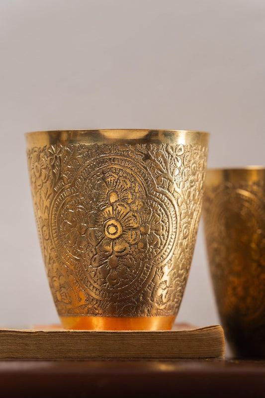 Swarna Embossed Brass Glasses - Set of 2 - TesuHome & Kitchen