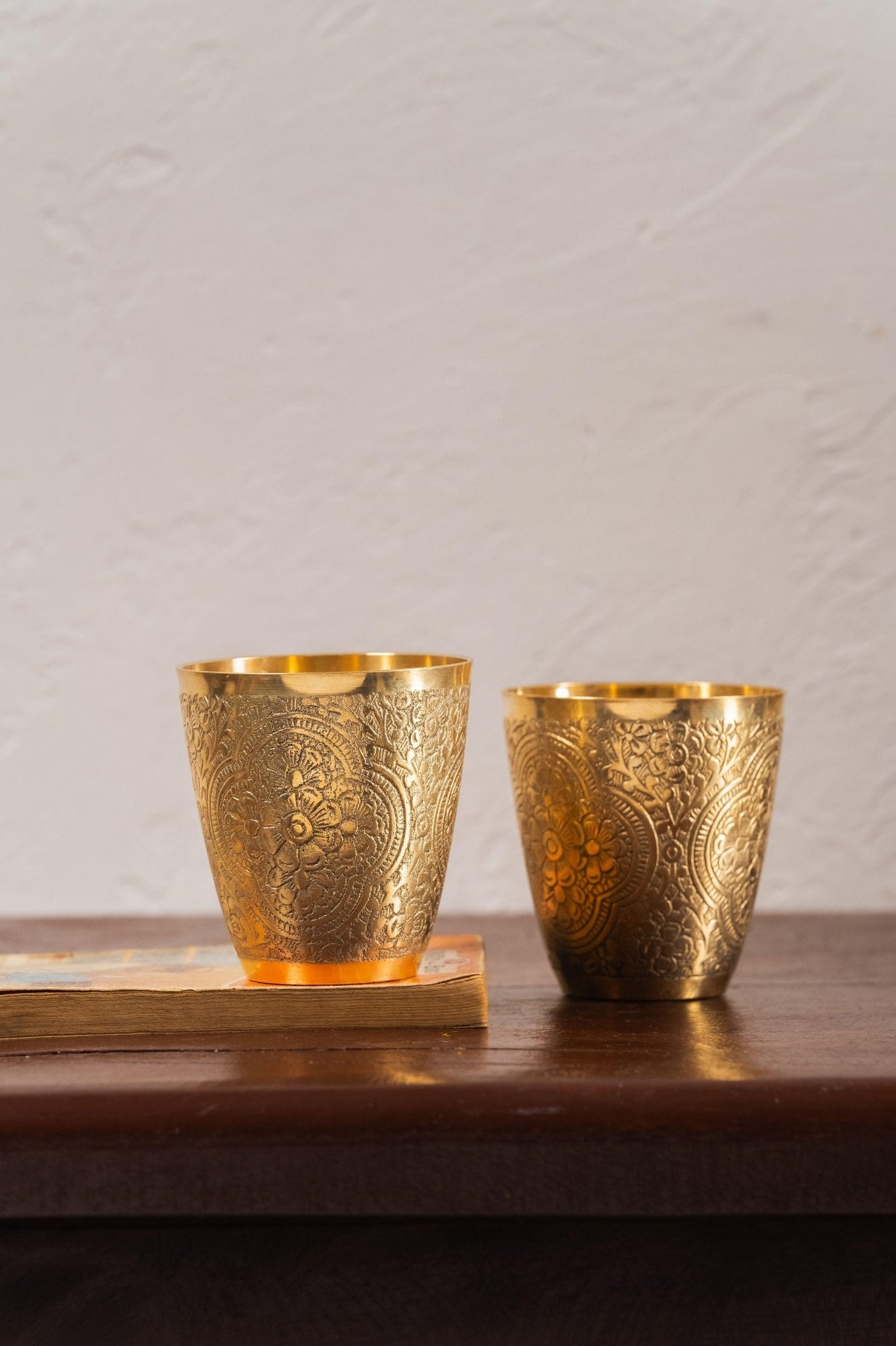Swarna Embossed Brass Glasses - Set of 2 - TesuHome & Kitchen