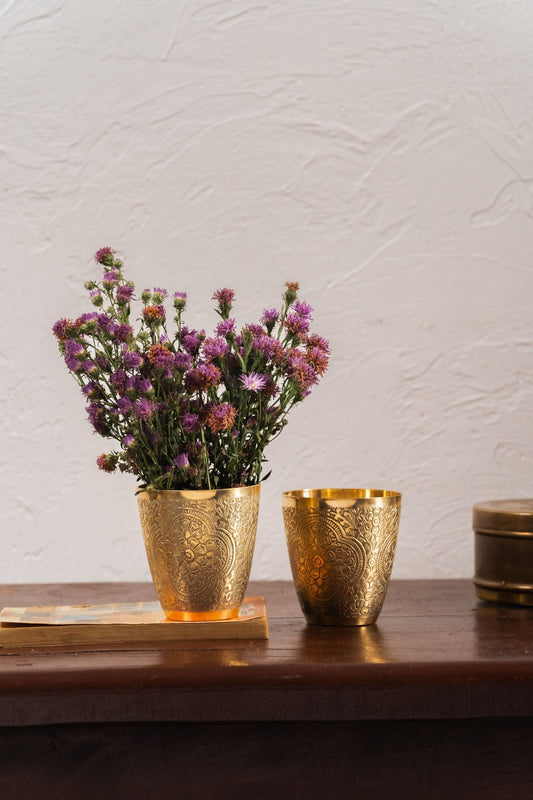 Swarna Embossed Brass Glasses - Set of 2 - TesuHome & Kitchen
