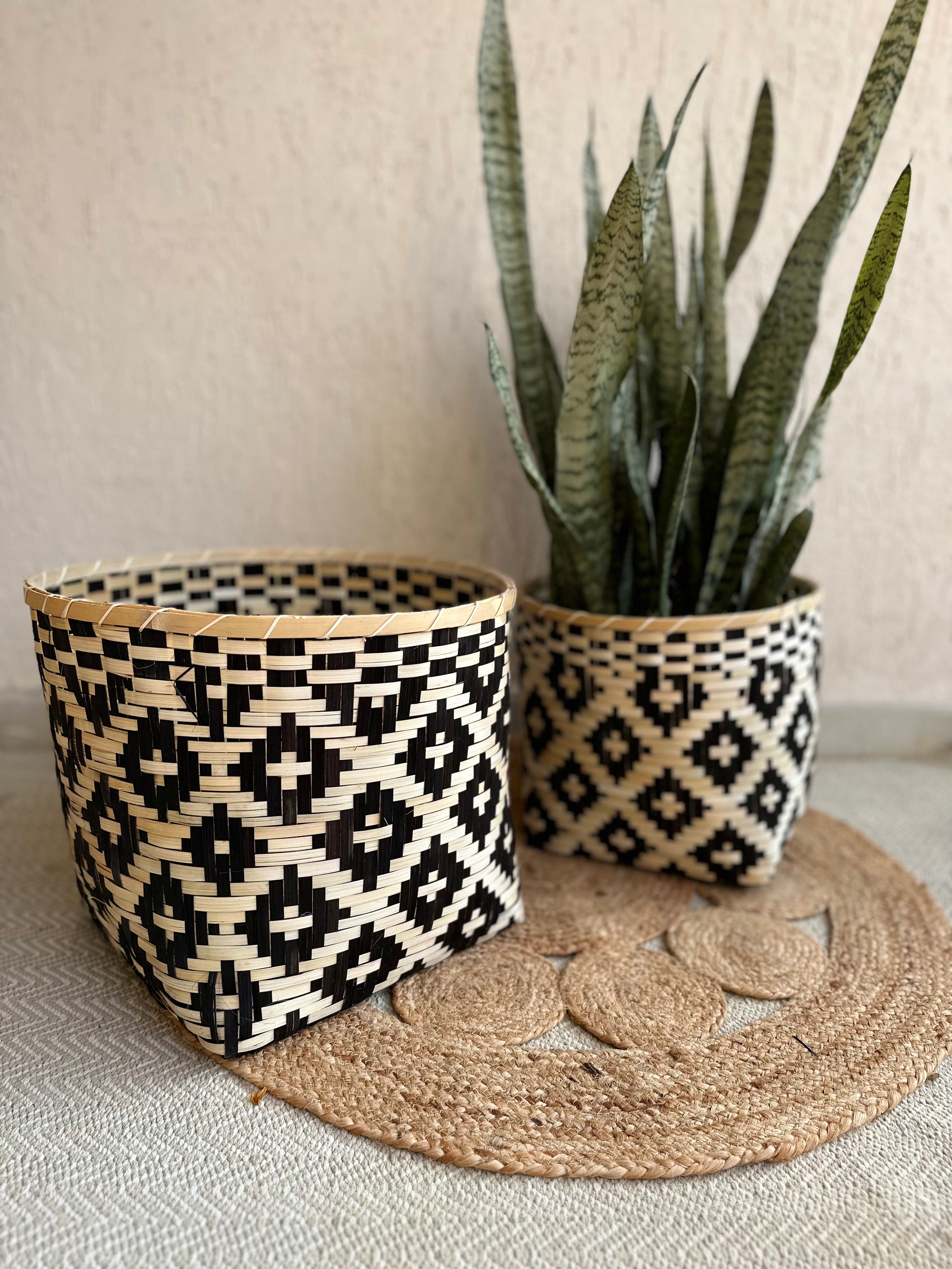 Bamboo Plant Holder with Designer Geometric weave boho villa airbnb. Enhance your Dream Home with our curated selection of premium Home Décor items.  Super versatile and super-chic, these natural, handmade bamboo baskets will handle are great for storage of fruits and planters for your houseplants and bring a classic and organic feel to your space. tesu 