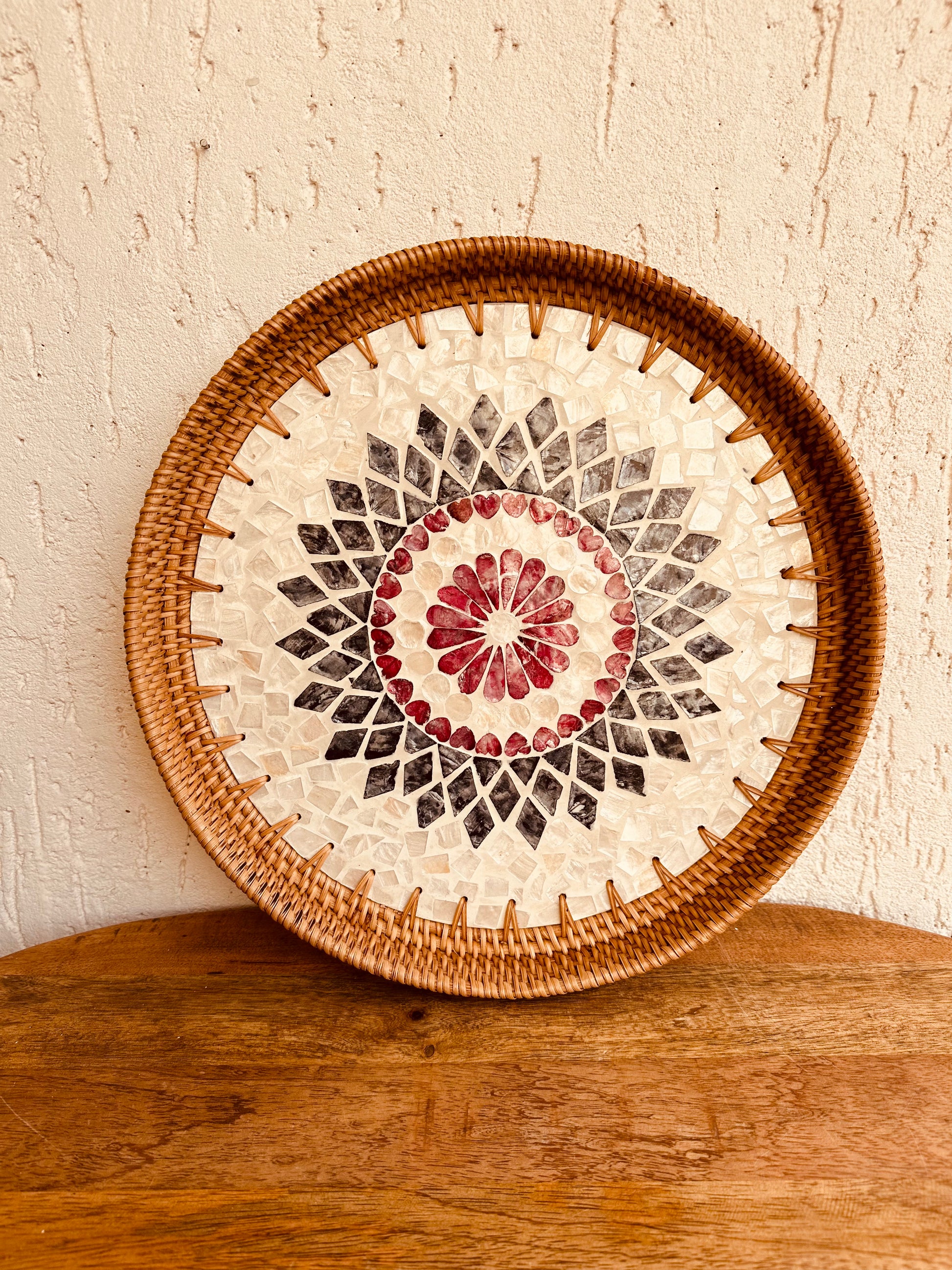 Mandala Designer Mother Of Pearl Rattan Tray - TESU