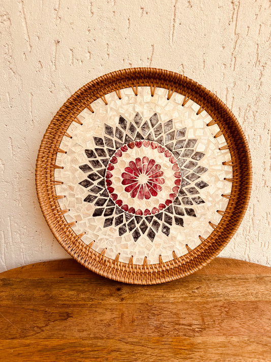 Mandala Designer Mother Of Pearl Rattan Tray - TESU