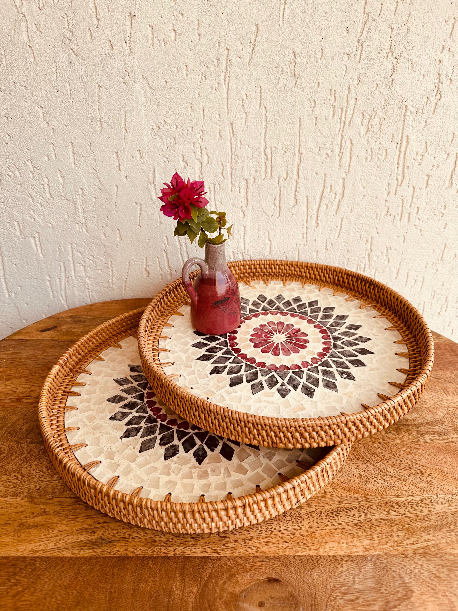 Mandala Designer Mother Of Pearl Rattan Tray - TESU