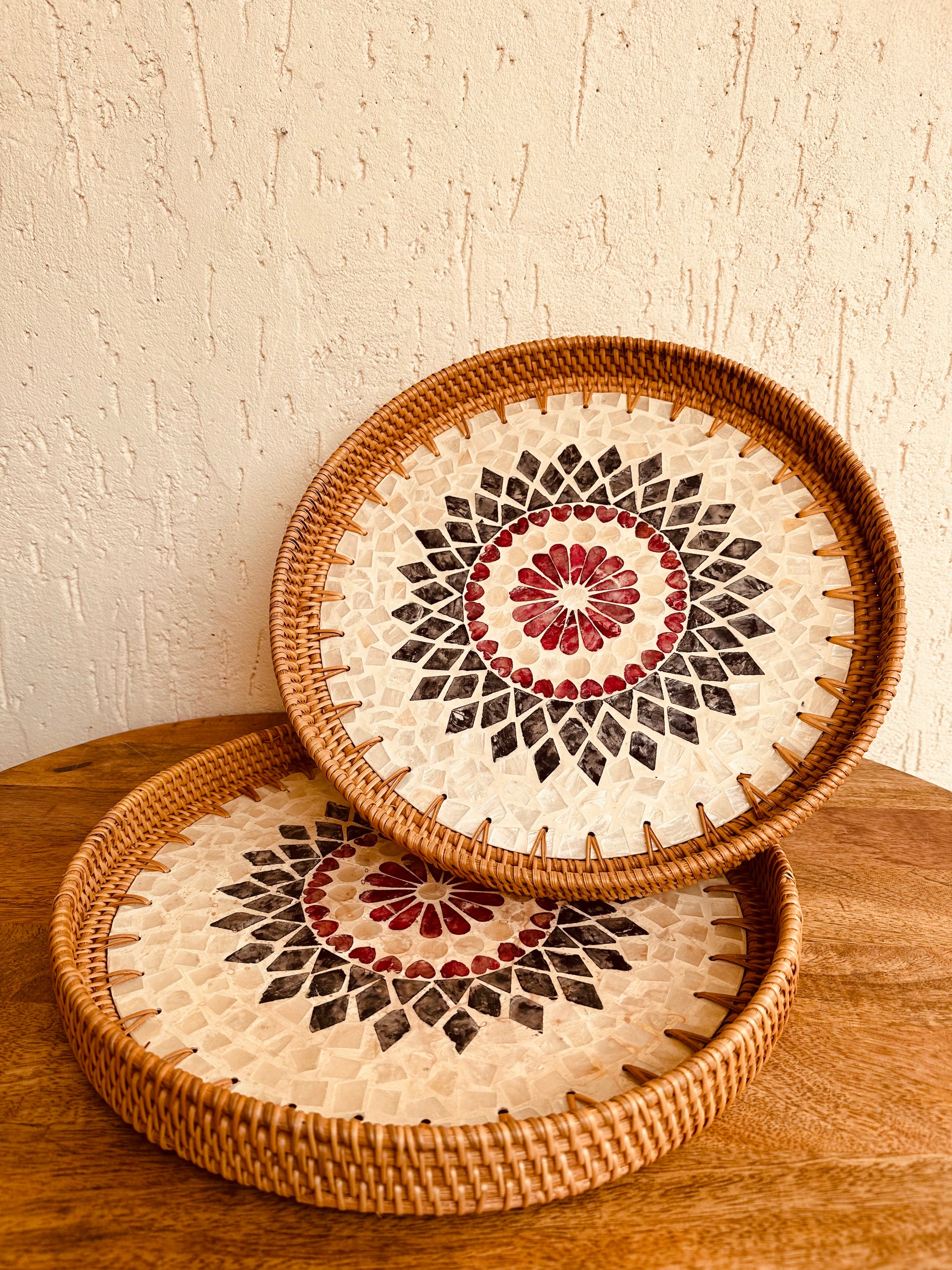 Mandala Designer Mother Of Pearl Rattan Tray - TESU