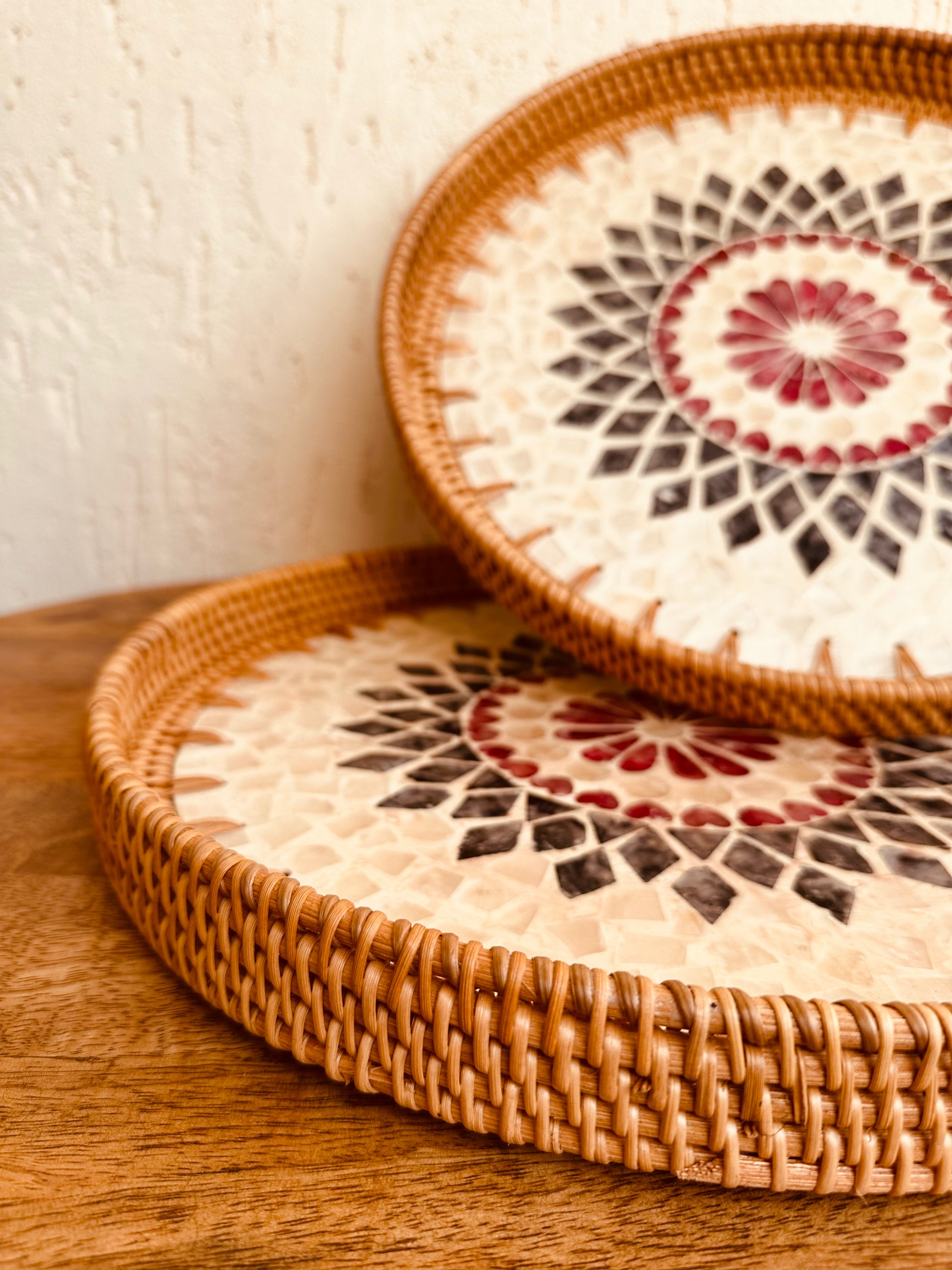 Mandala Designer Mother Of Pearl Rattan Tray - TESU
