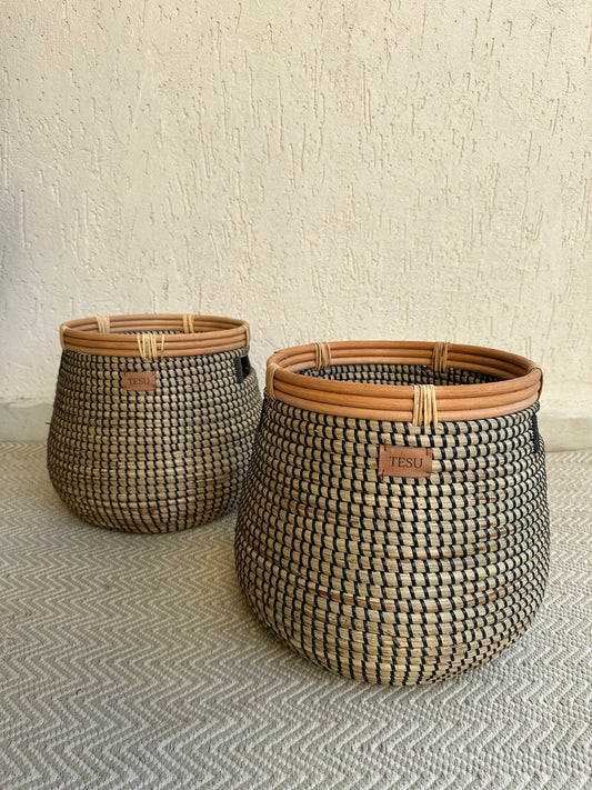 Handwoven seagrass plant holder basket in natural color, sustainable storage for plants and home organization