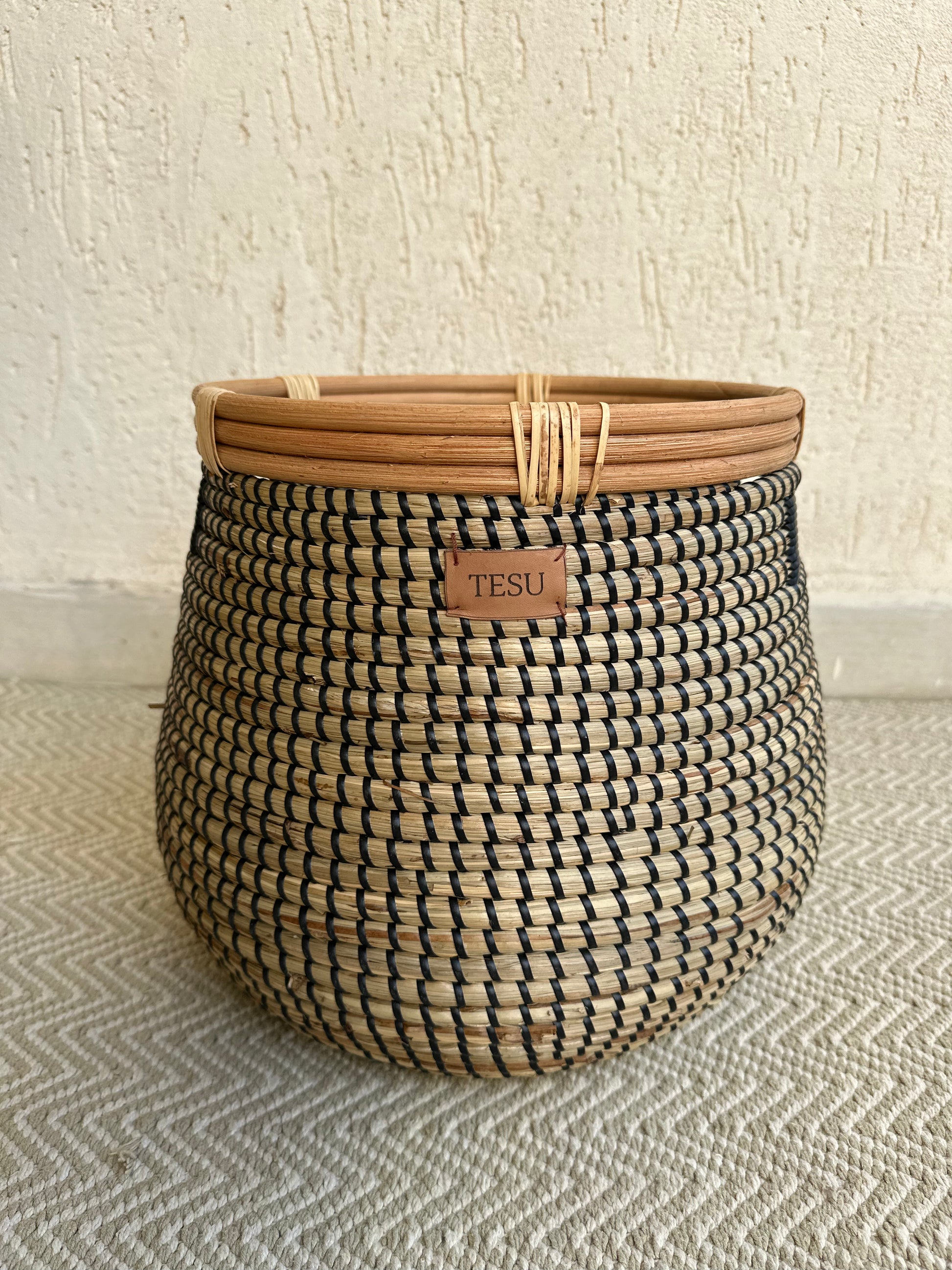 Side view of handcrafted seagrass plant holder perfect for living room and bedroom decor