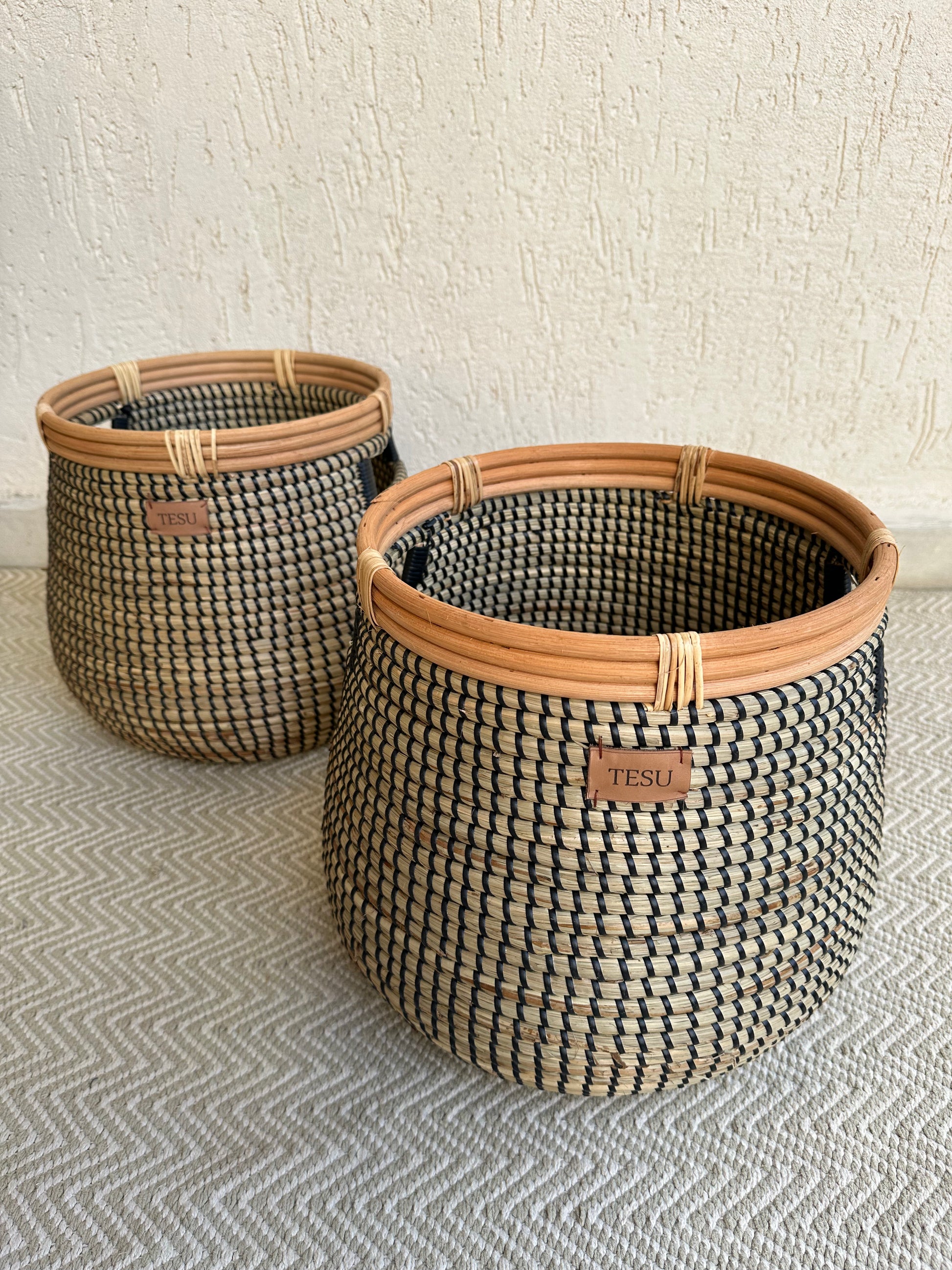 Detail shot of natural seagrass weaving pattern on multipurpose storage and plant holder basket