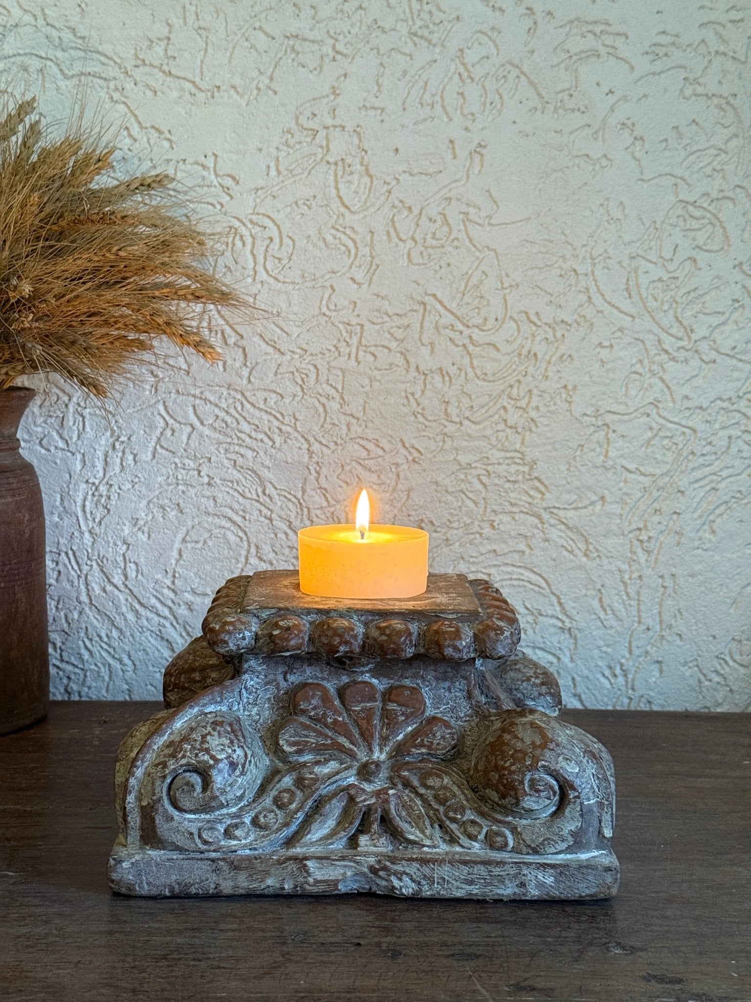 Vintage Carved Stone Candle Holder - Antique White Finish - TesuHome Decor