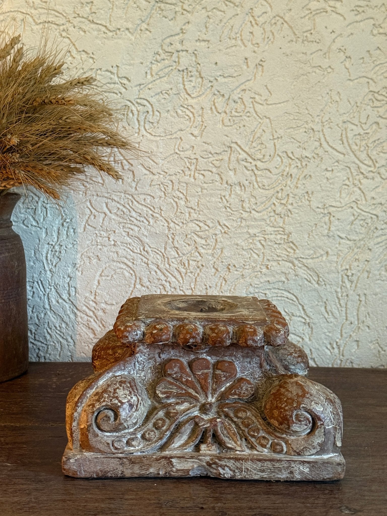 Vintage Carved Stone Candle Holder - Antique White Finish - TesuHome Decor