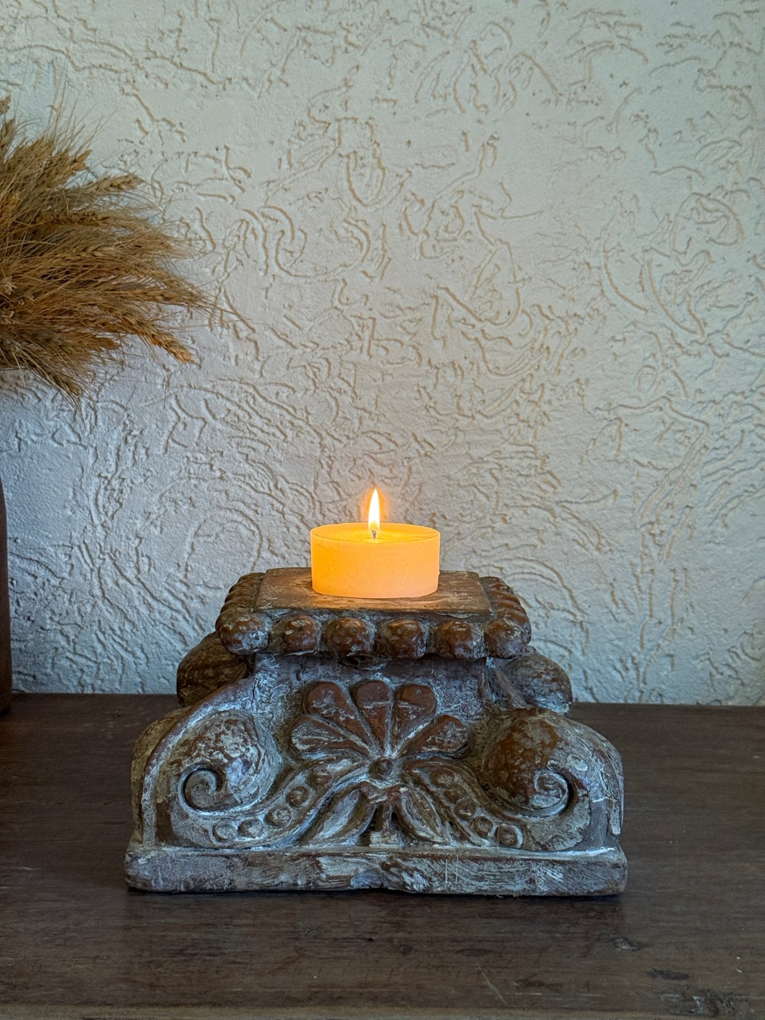 Vintage Carved Stone Candle Holder - Antique White Finish - TesuHome Decor
