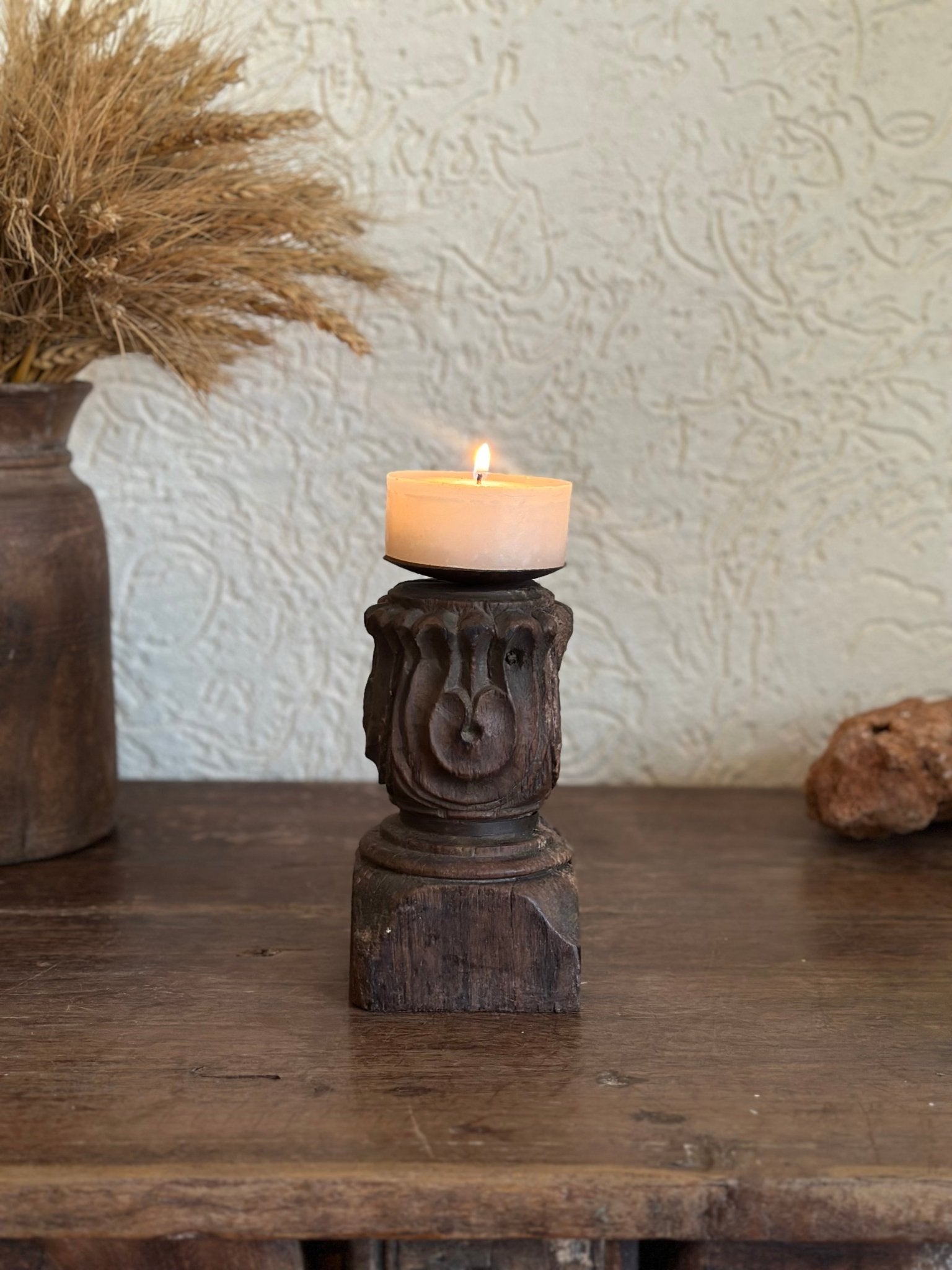 Vintage Carved Wooden Candle Holder - Urn Design with Metal Dish - TesuHome Decor