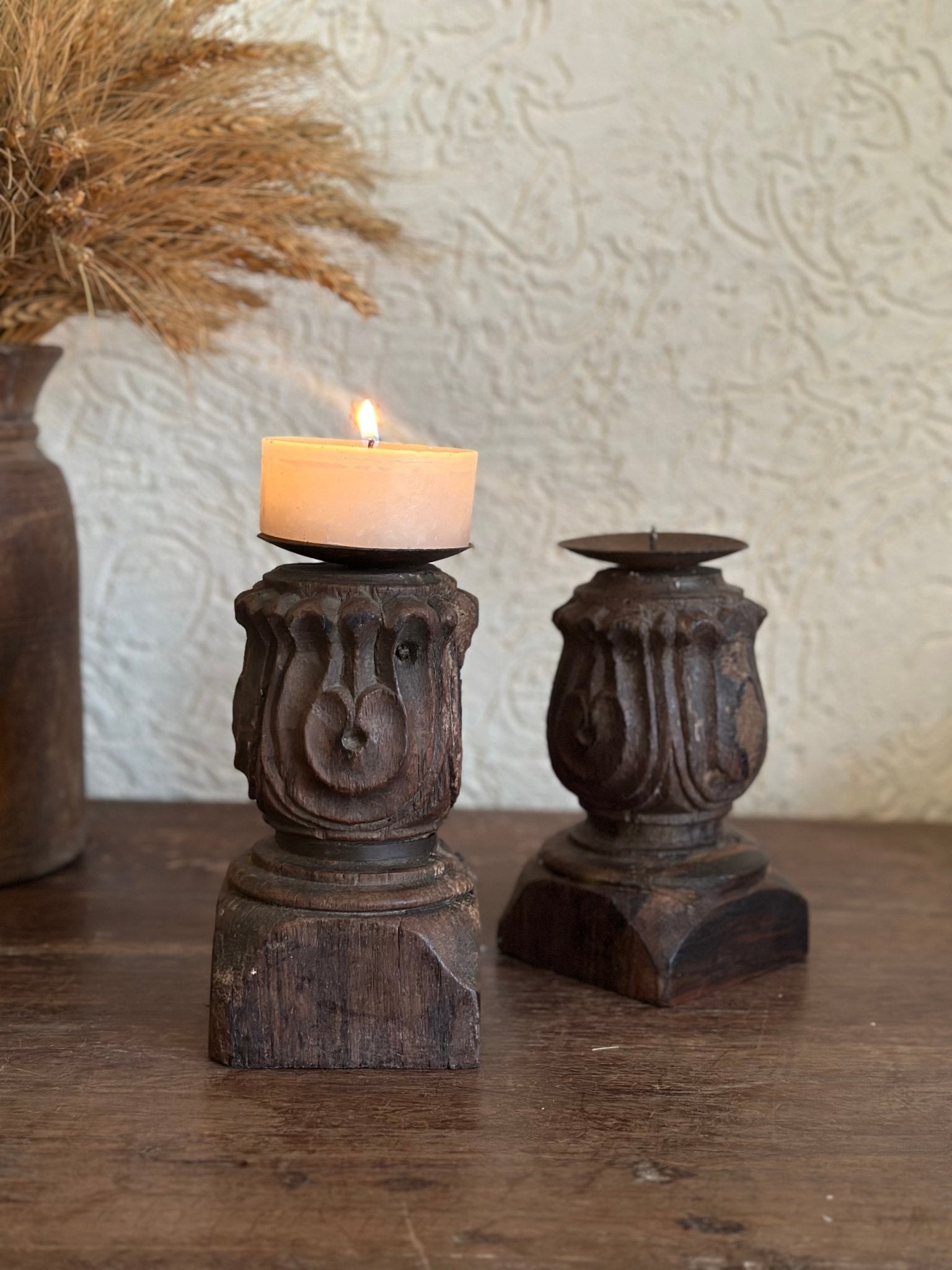 Vintage Carved Wooden Candle Holder - Urn Design with Metal Dish - TesuHome Decor