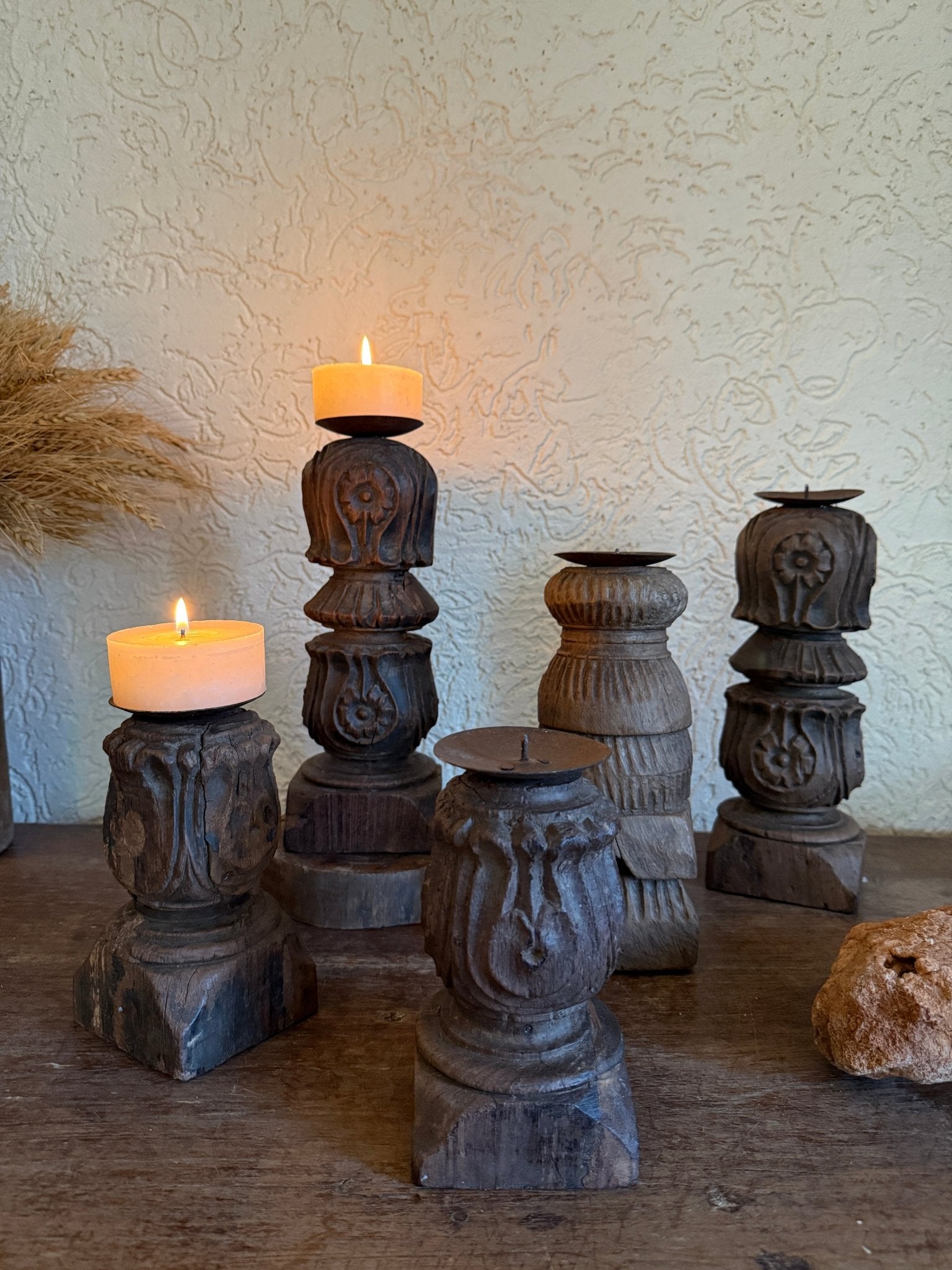 Vintage Carved Wooden Candle Holder - Urn Design with Metal Dish - TesuHome Decor