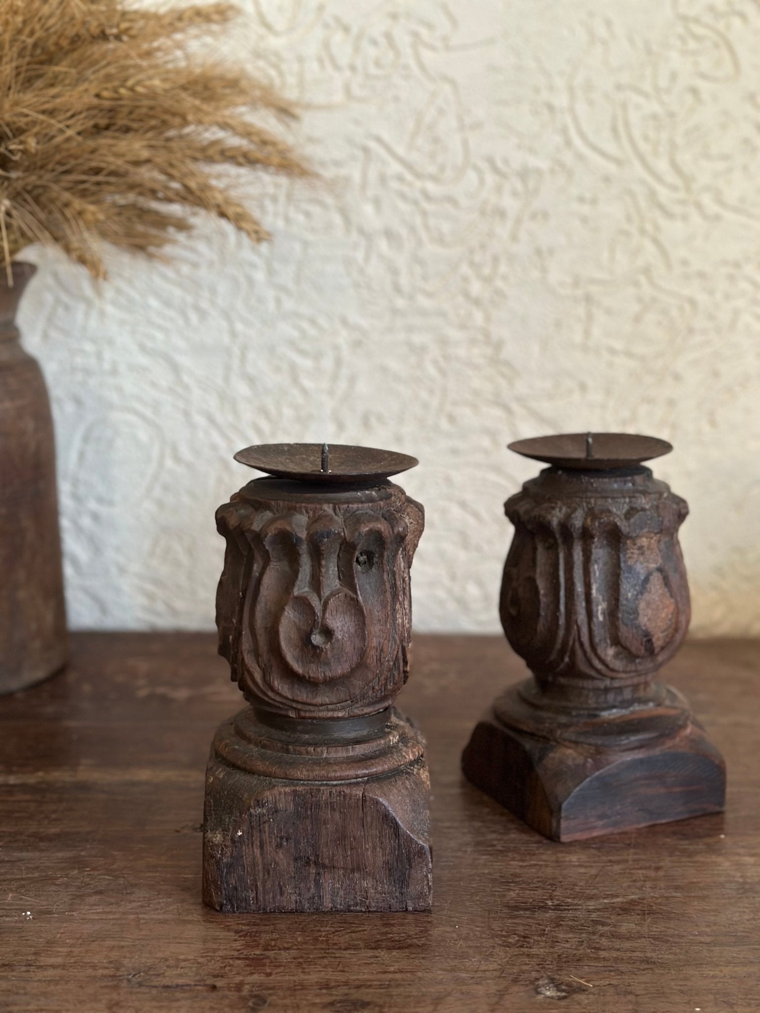 Vintage Carved Wooden Candle Holder - Urn Design with Metal Dish - TesuHome Decor