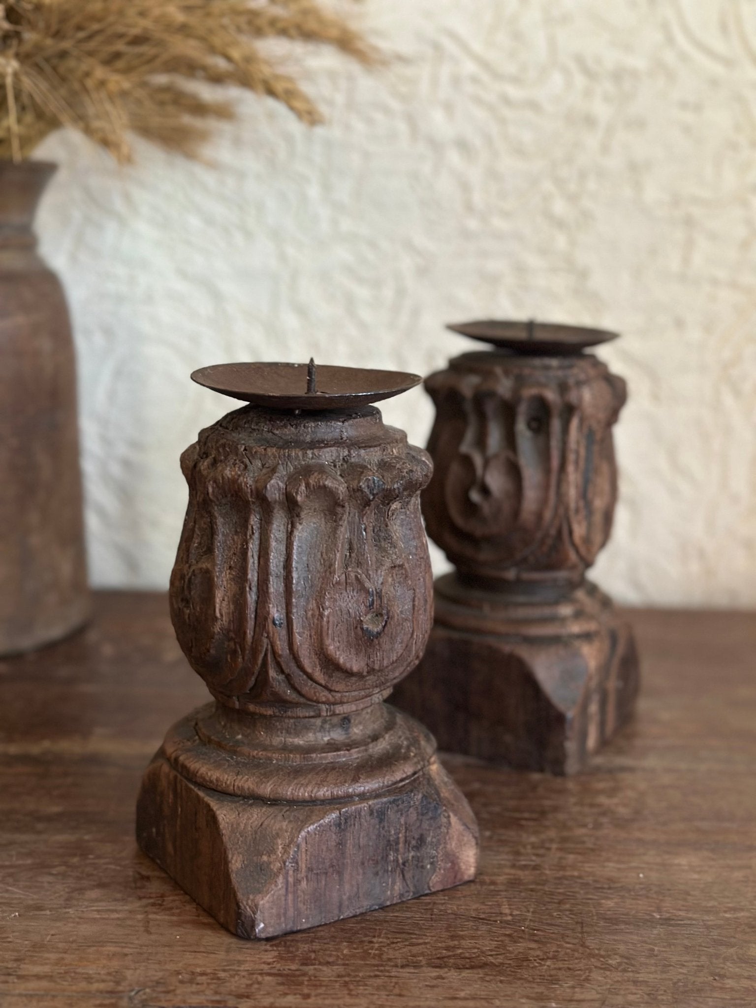 Vintage Carved Wooden Candle Holder - Urn Design with Metal Dish - TesuHome Decor