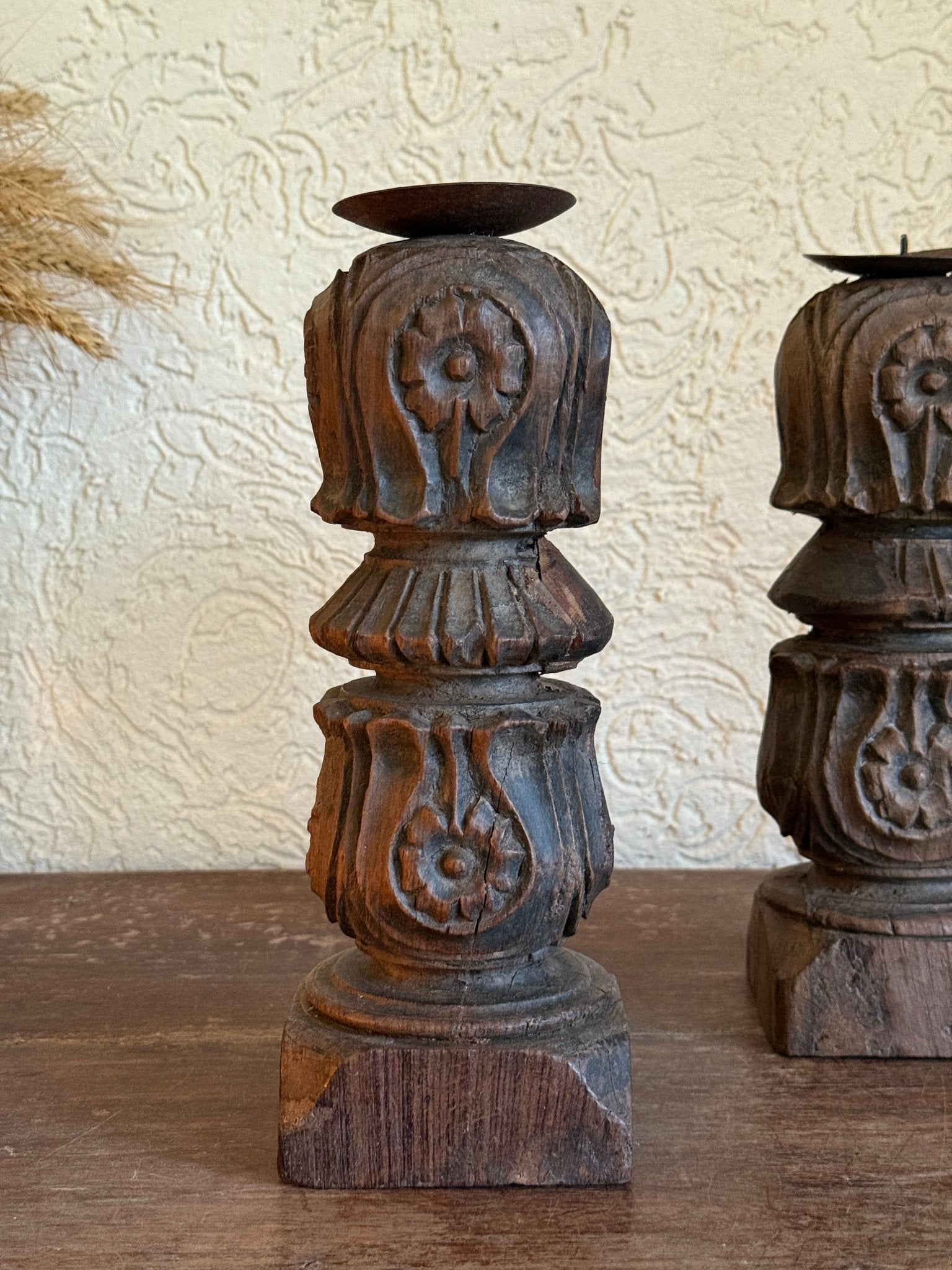 Vintage Carved Wooden Candle Holder - Urn Design with Metal Dish - TesuHome Decor