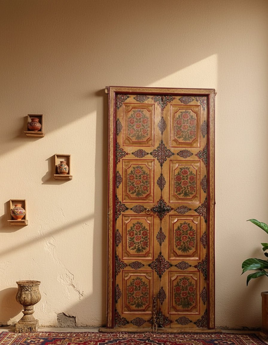 Decorative wooden door with floral patterns in a room with sunlight streaming through a window.