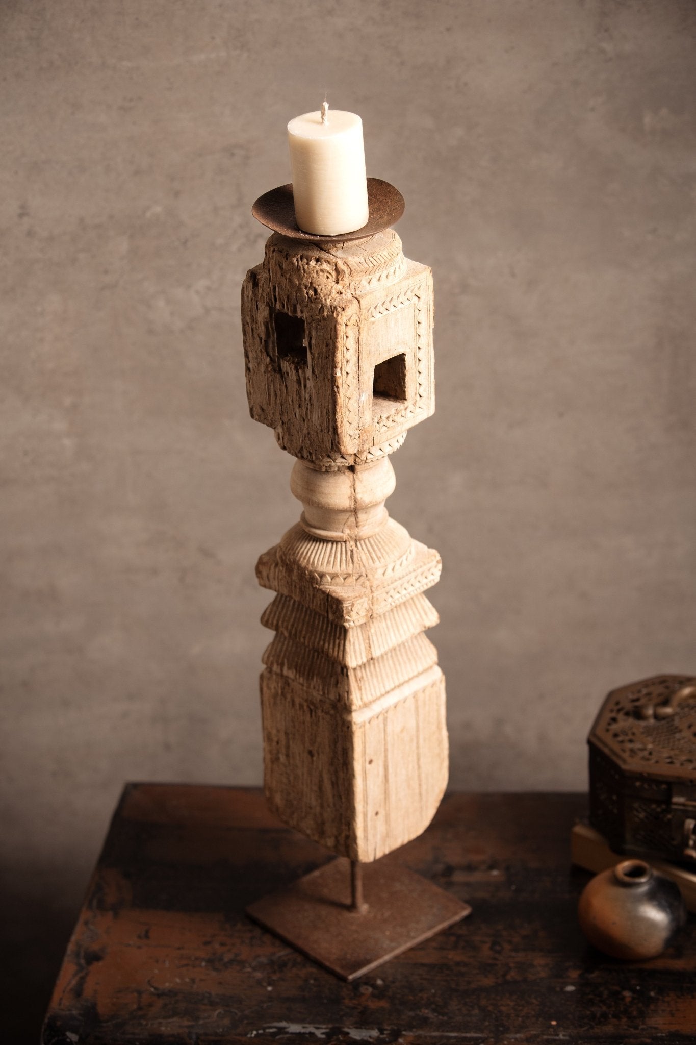 Vintage Handcarved Wooden Candle Stand - TesuCandles & Candle Holders