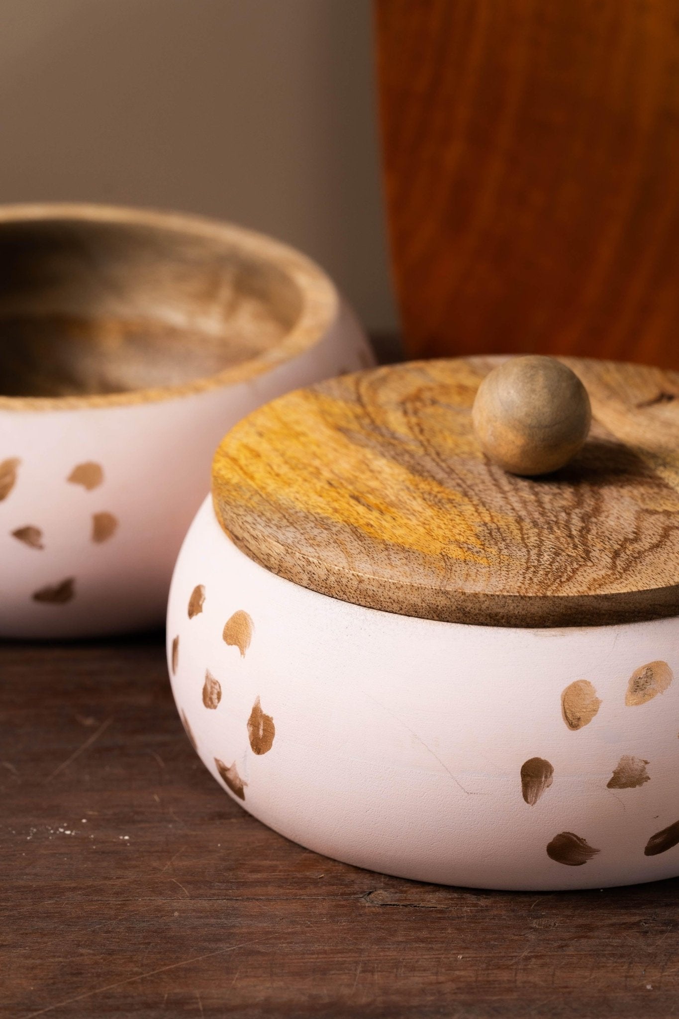 Wooden roti box with lid open displaying interior storage space for rotis and chapatis