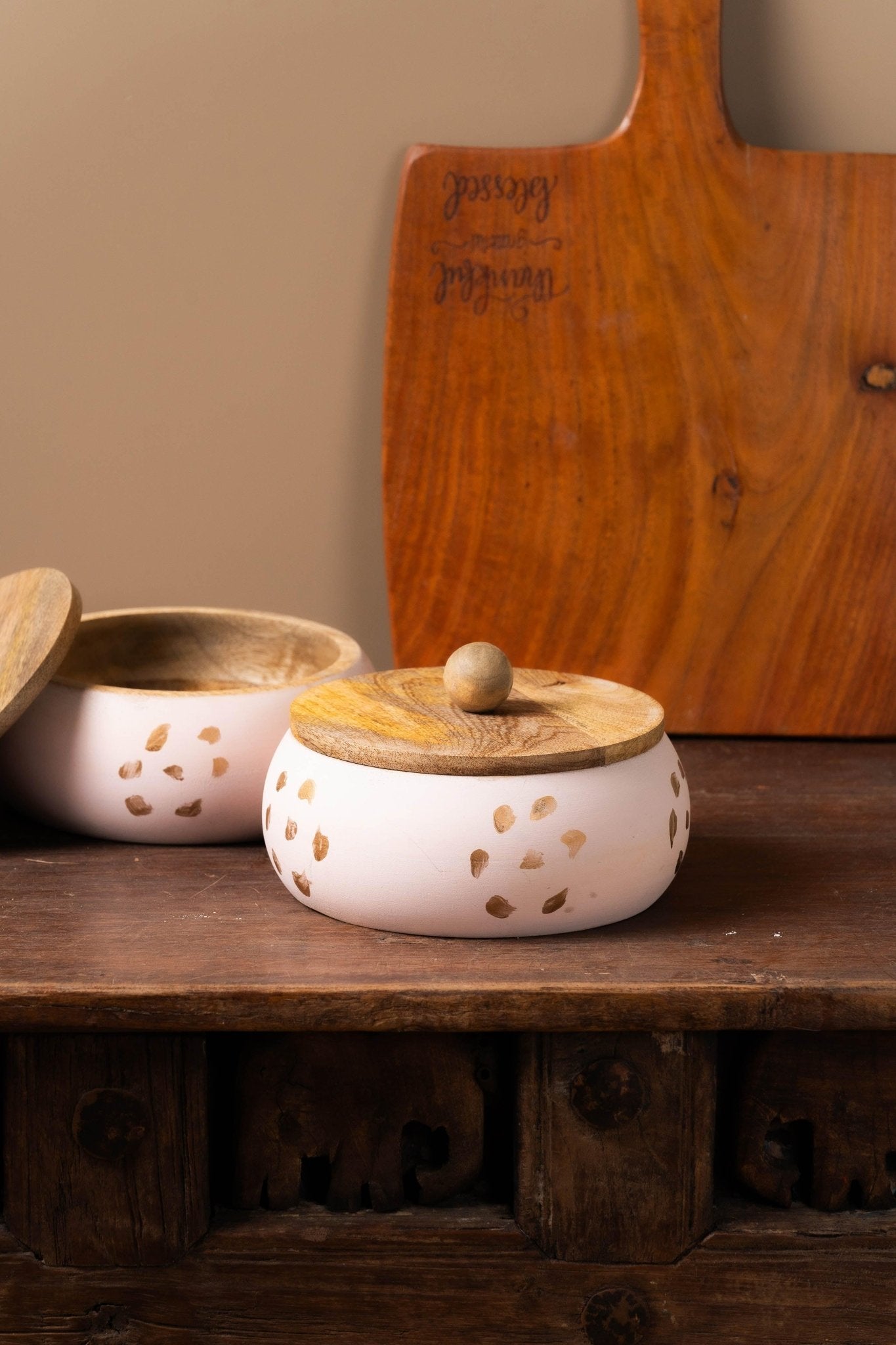 Handpainted wooden roti box in pink finish with secure lid, 7.5 inches diameter, traditional Indian kitchenware