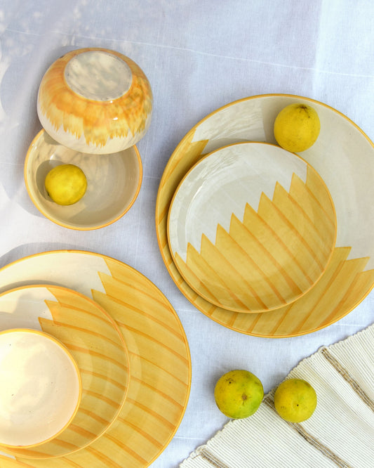  Bright yellow prints, Cheerful table setting, Durable plate set, Handcrafted plate set, Hand-painted plate set, High-quality plate set, Large dinner plate, Mesmerizing meal plate set, Positano hand-painted plate set, Radial design plate, Small batch plate set, Stylish plate set, Sunny outdoor brunch plate set, Vibrant plate set, Yellow plate set, tesu