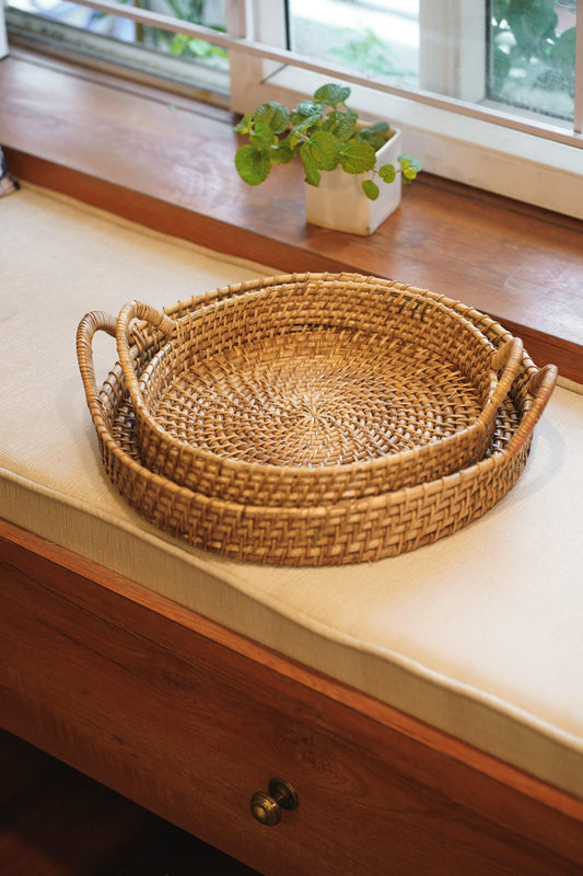 Handwoven Cane Serving tray with handle - TesuTray