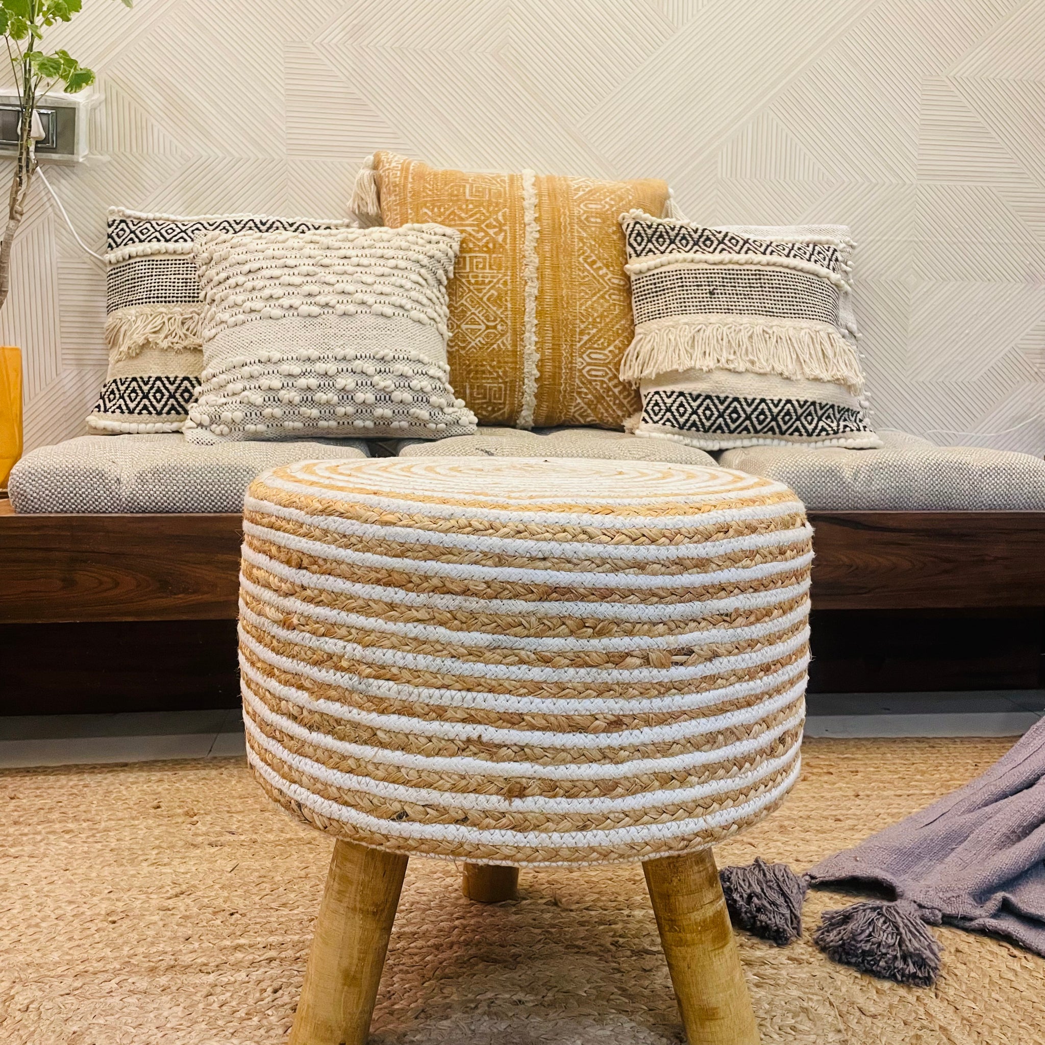 Accent chair footrest, Bohemian stool, Braided stool, Decorative stool, End table stool, Handcrafted stool, Jute-covered stool, Living room seating, Multi-functional stool, Natural materials stool, Ottoman with wooden legs, Side table stool, Unique room addition, Wooden legs stool, Woven stool, tesu